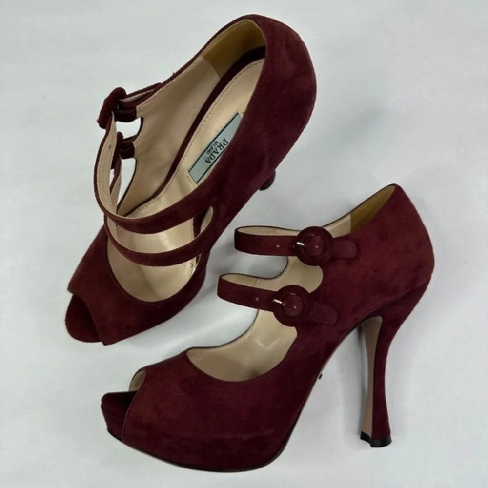 Prada Burgundy Suede Double Strap Mary Jane Peep Toe Platform‎ Heels Size 37.5